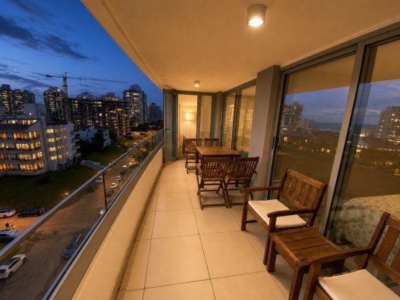 Balcón del apartamento en Torre Esmeralda con vista nocturna de Punta del Este