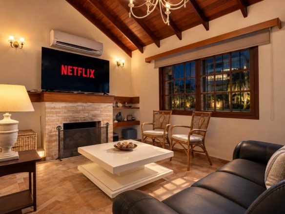 Living de Casa Playa Mansa P10 de noche con Smart TV y Netflix