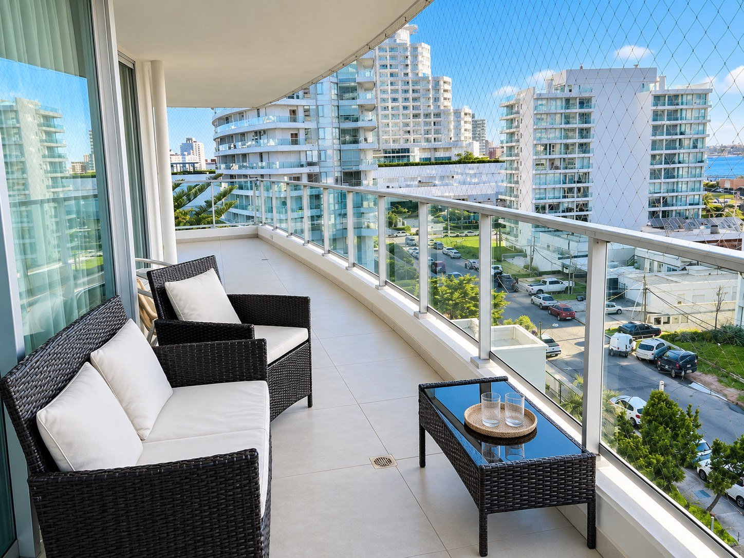 Balcón amplio de Gala Tower con vista abierta en Playa Mansa
