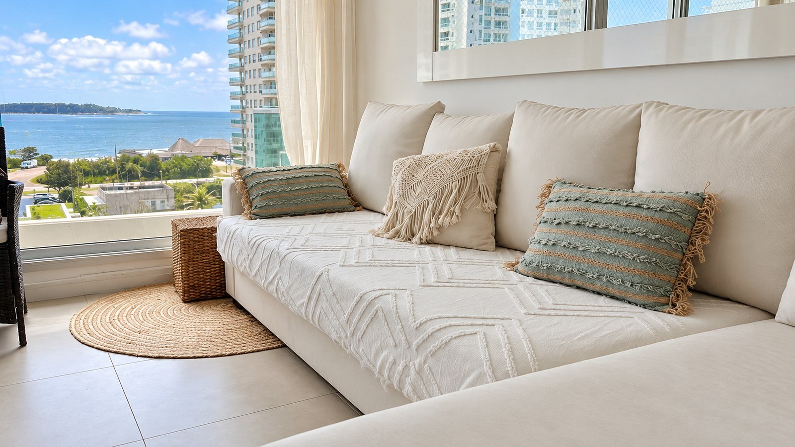 Sofá y living con vista al mar en Gala Tower Playa Mansa